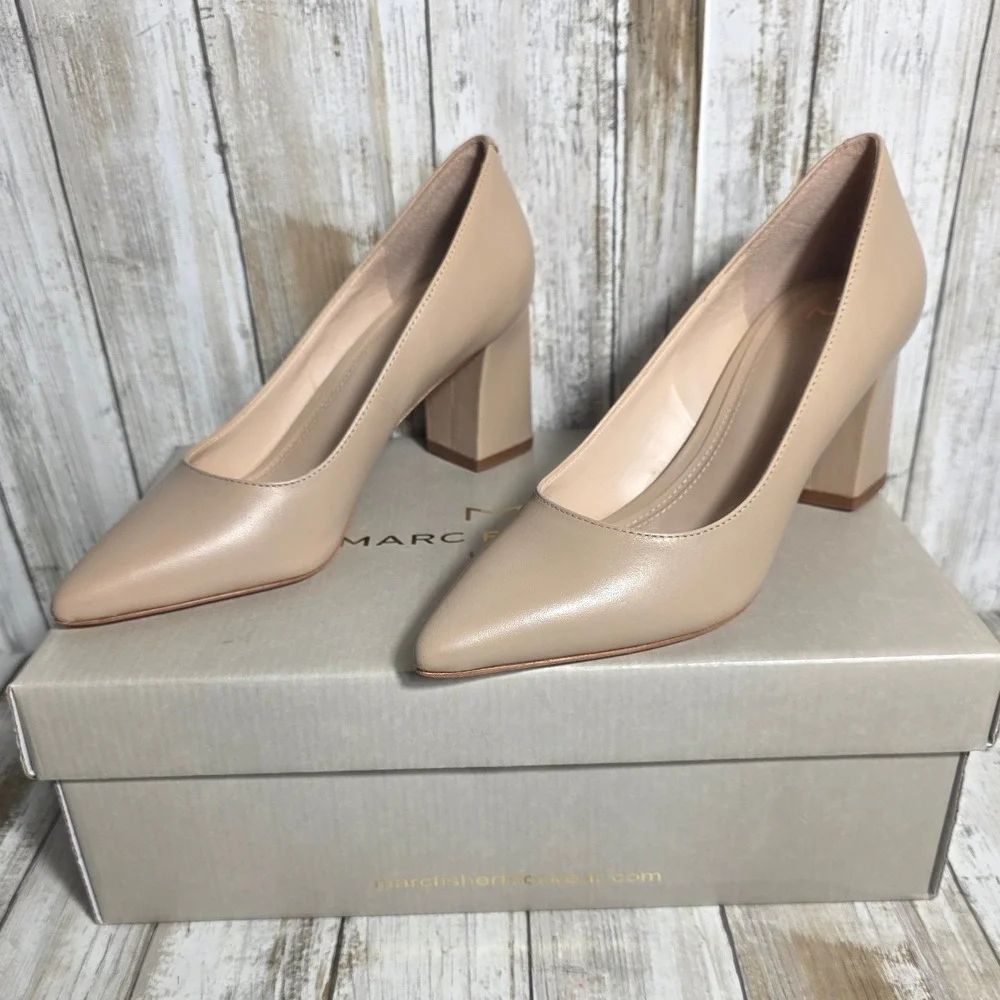 Marc Fisher LTD Zala Block Heel Pointed Toe Pumps Tan Beige Leather 5M